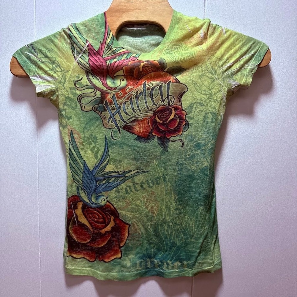Harley Davidson Anaheim California Tattoo Graphic Tee Green Yellow Size L